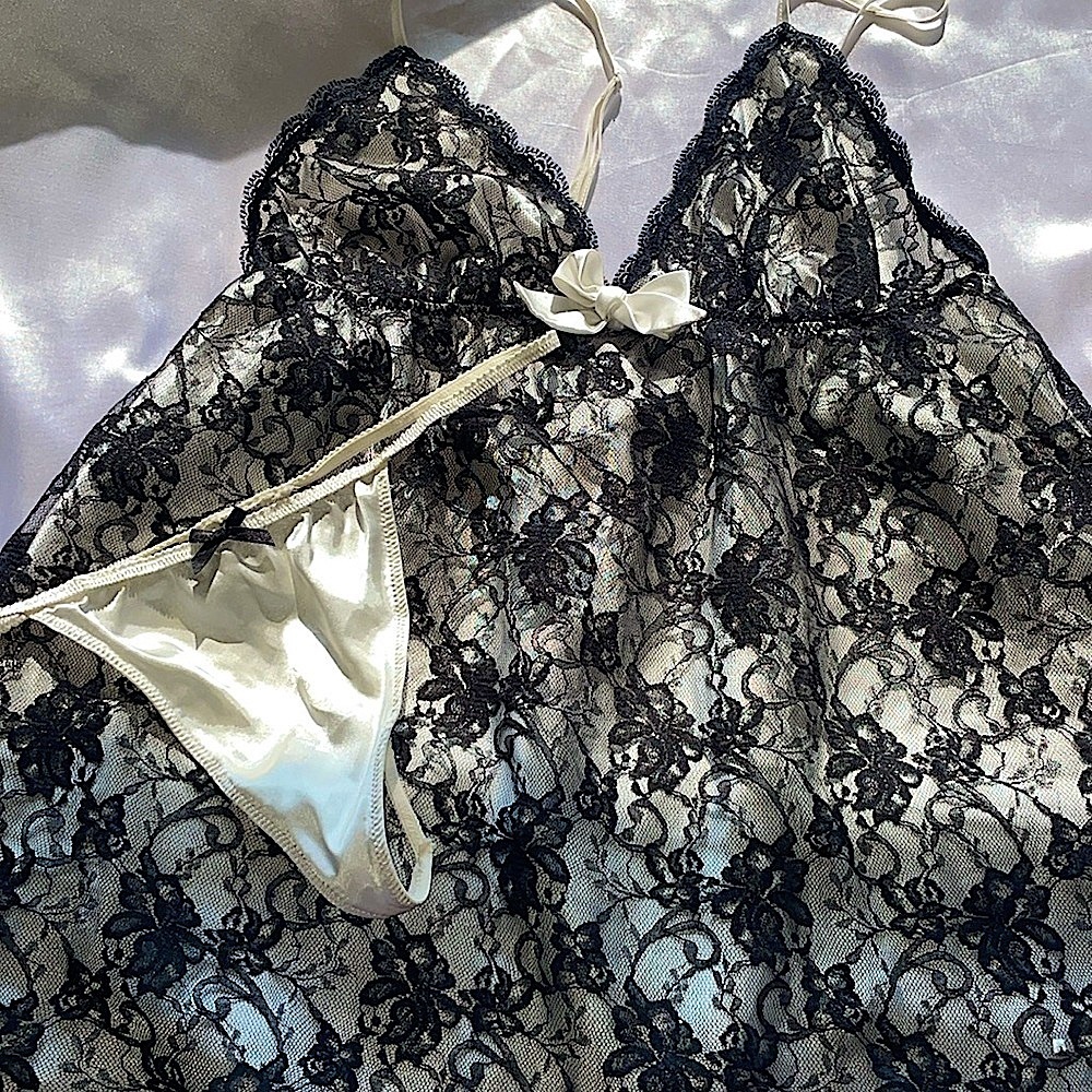Victorias Secret Babydoll Black Lace & Satin Cami Nightie & Panty Lingerie Set - Picture 8 of 16